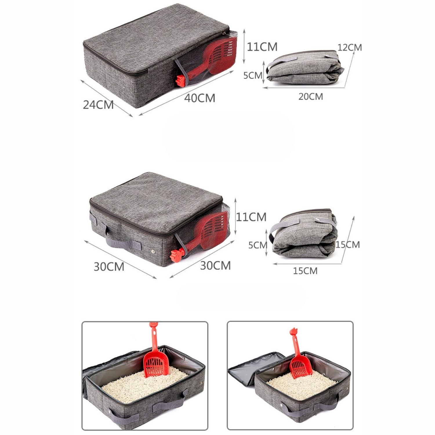 Reis Kat Toilet met afmetingen en rode schep inclusief